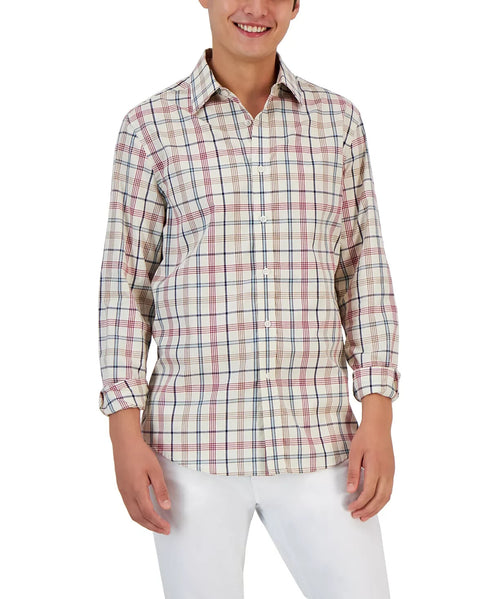 Club Room Men's Palermo Plaid Shirt in Winter Ivory Combo Size S